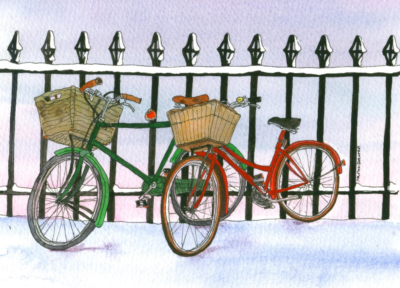 pen and watercolour of two bicycles in the snow